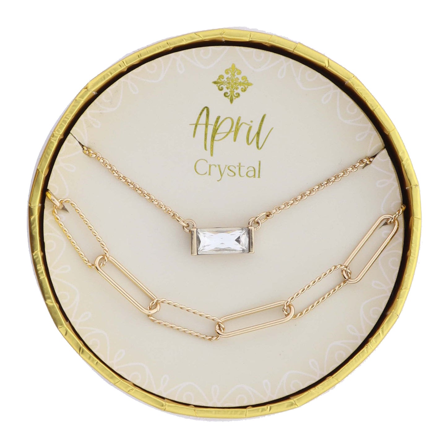 Set of 2 Necklaces, April Crystal Birthstone Baguette, Gold Paperclip Chain with Twist Links Necklace, .15" Pendant