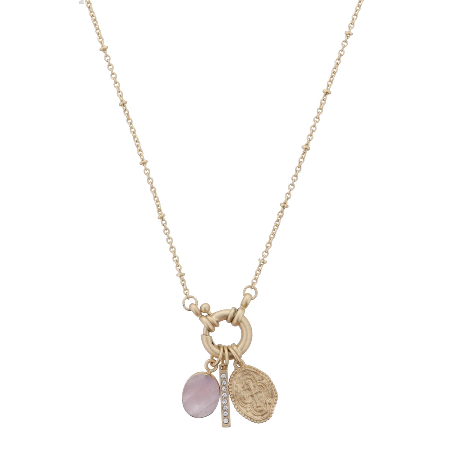 Gold Spring Ring with Rose Quartz Oval, Bar, Studded Cross Coin Necklace, .5", .65", .65" Pendants
