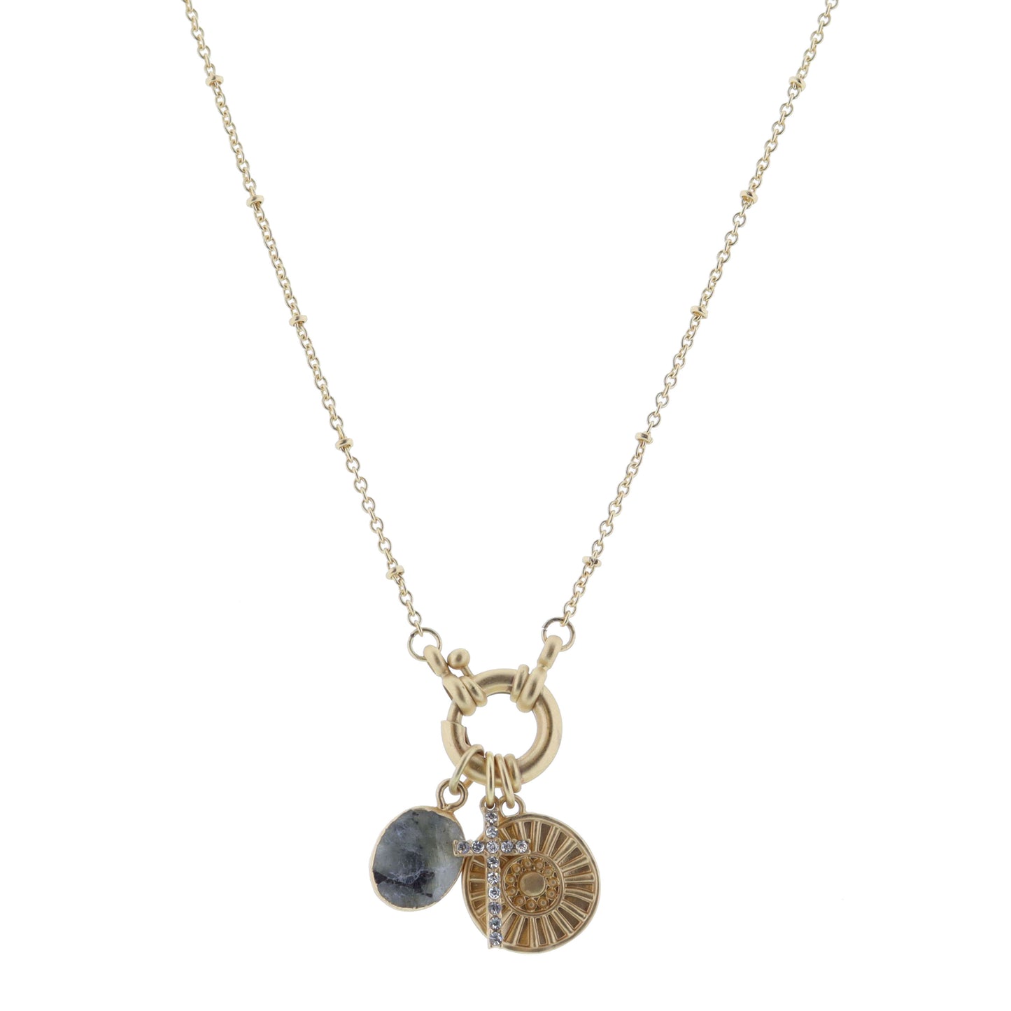 Gold Spring Ring with Labradorite Oval, Cross, Sunray Stud Disc Necklace, .5", .65", .65" Pendants