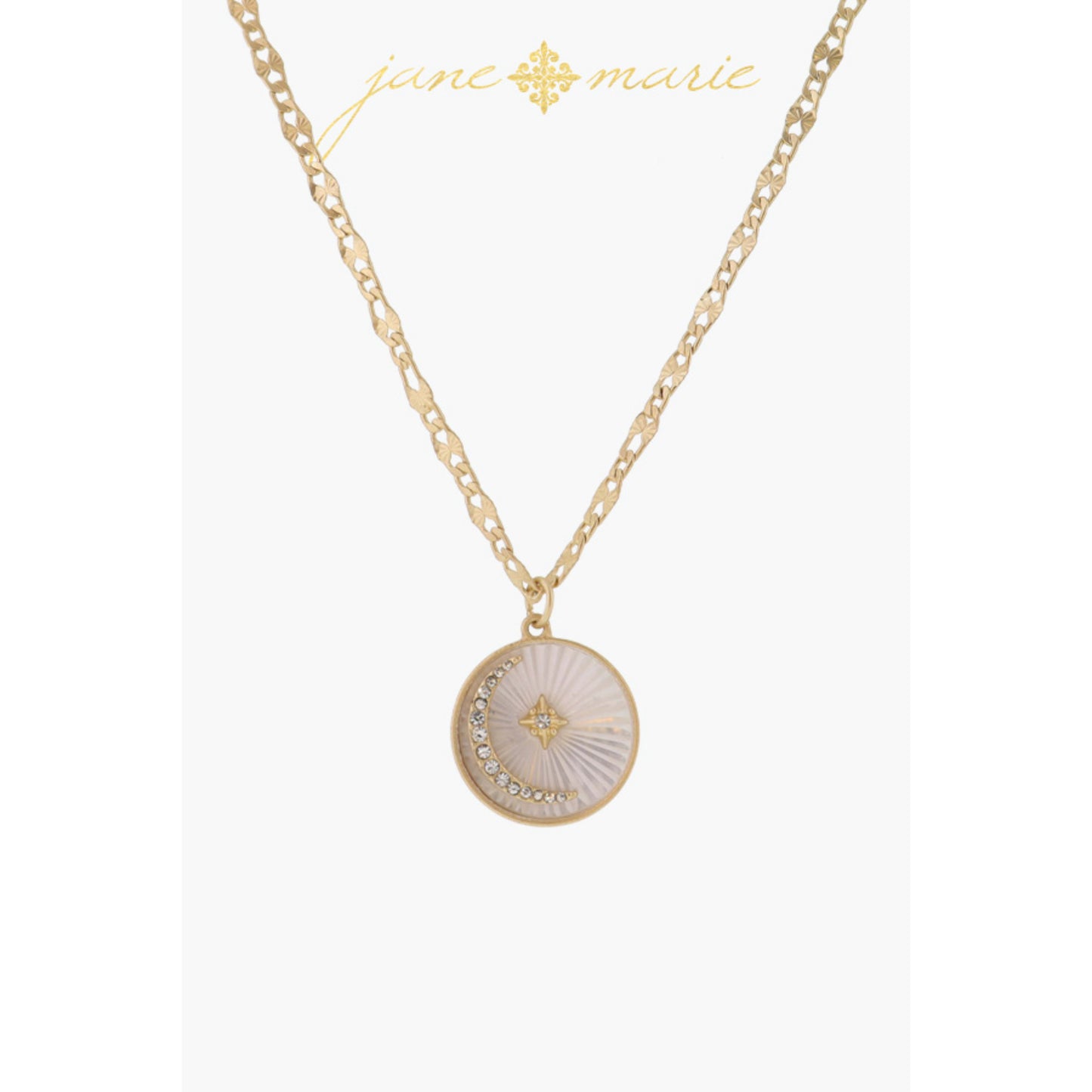 White Starburst Shell Inlay Disc with Crystal Moon and Starburst Necklace, .75" Pendant