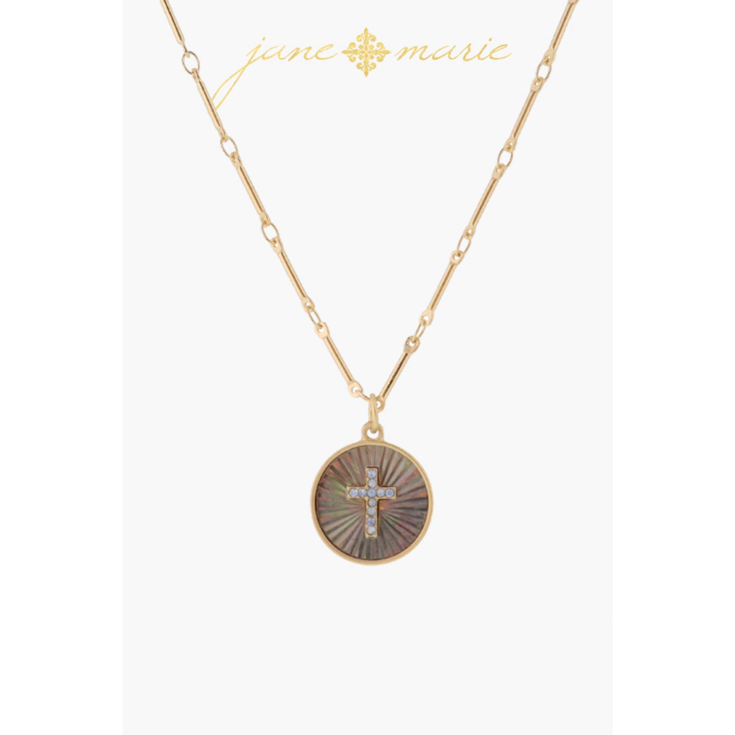 Grey Starburst Shell Inlay Disc with Moonstone Cross Necklace, .65" Pendant