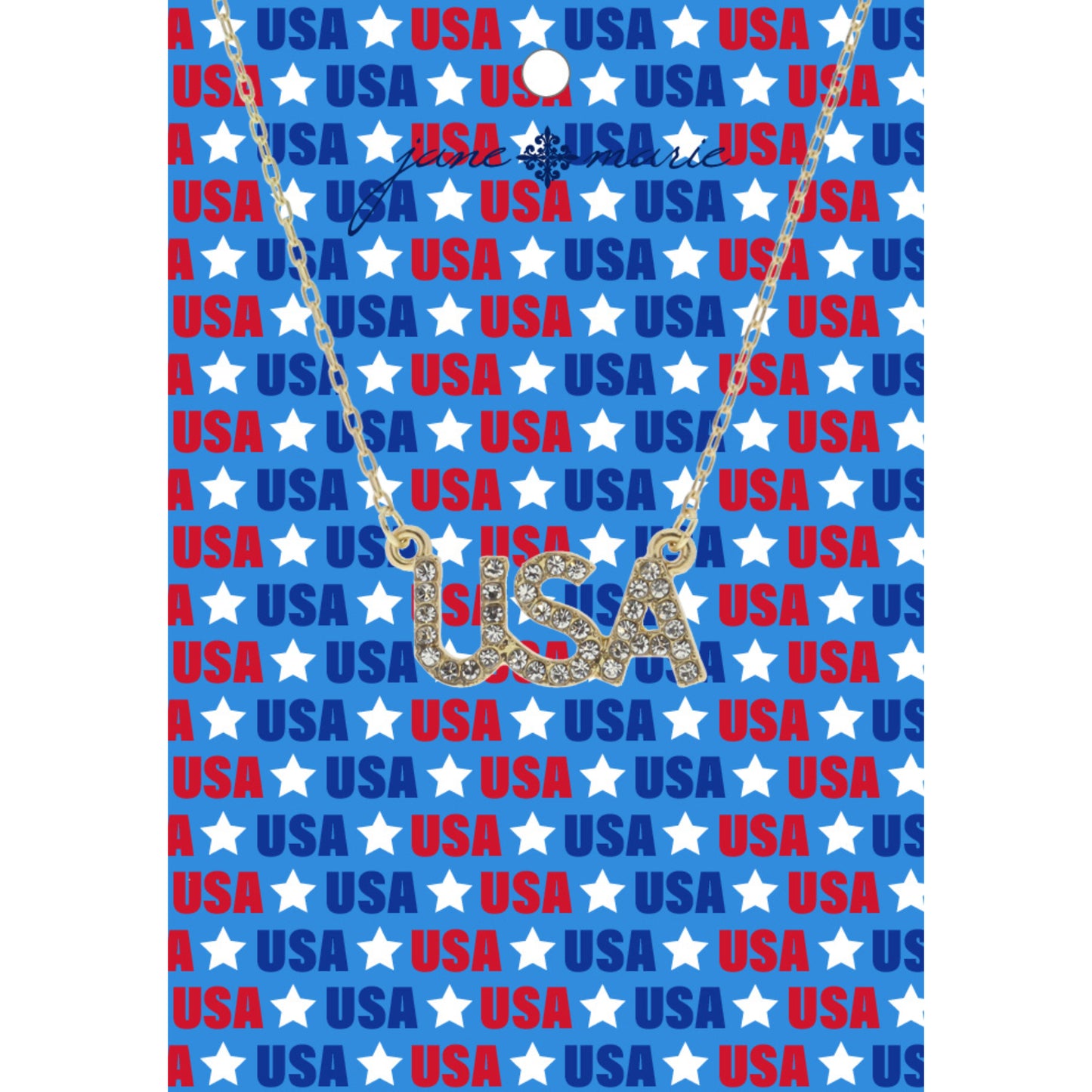 Clear Crystal "USA" Cutout Bar Necklace, .5" Top to Bottom