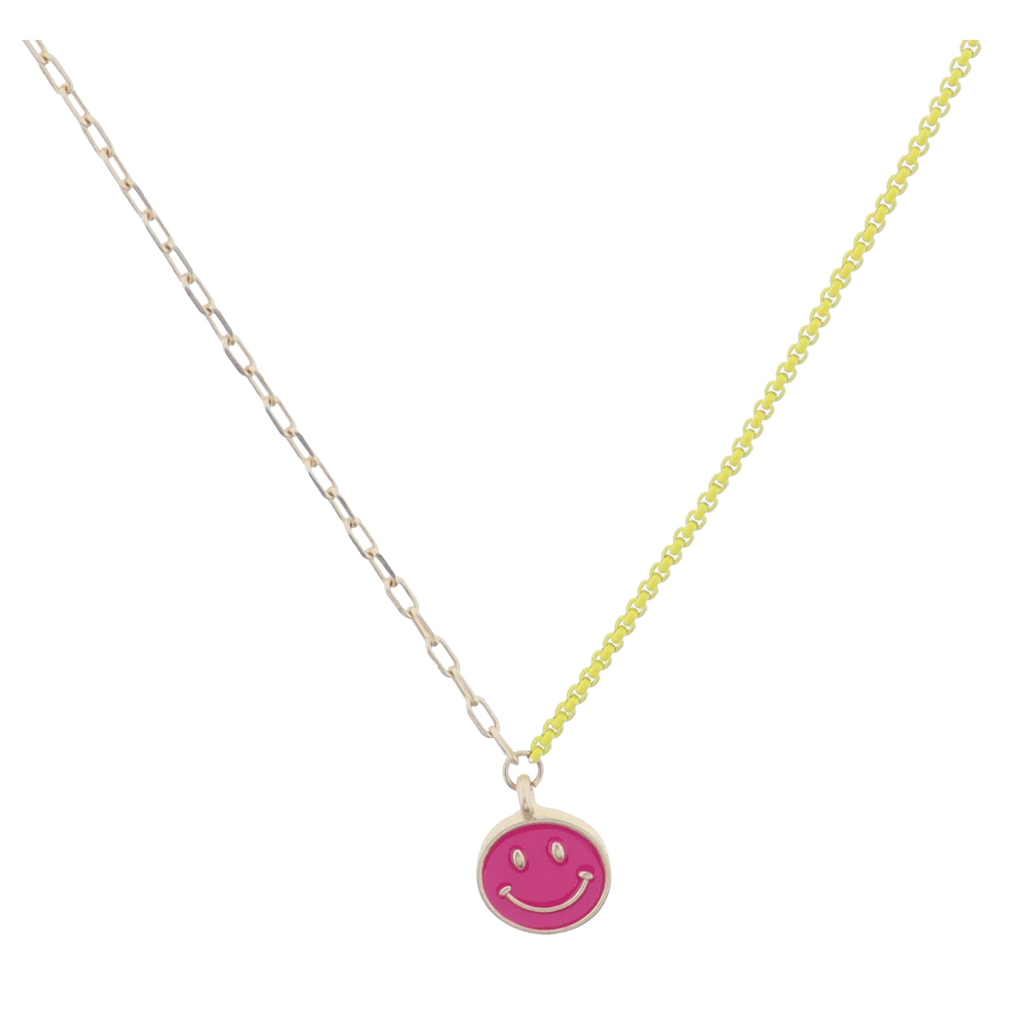 Kids Half Gold Chain, Half Yellow Chain with Hot Pink Enamel Happy Face Disc Necklace