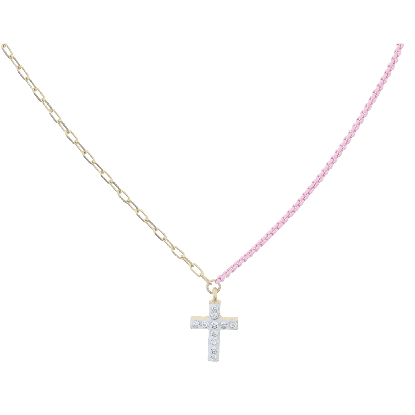 Kids Half Gold Chain, Half Light Pink Chain with White Enamel and Crystal Cross Necklace