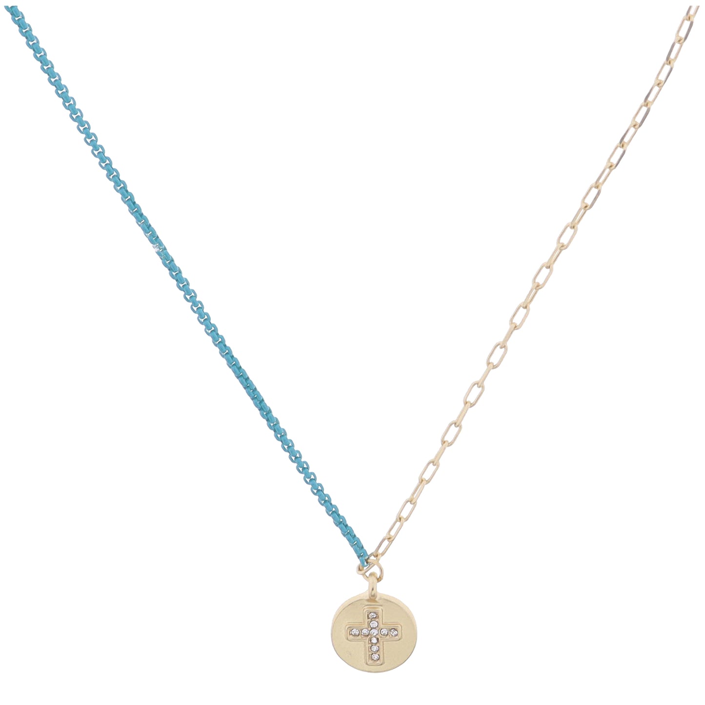 Kids Half Gold Chain, Half Turquoise Chain with Crystal Cross Gold Disc Necklace