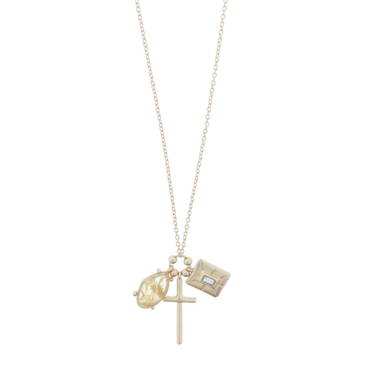 Gold Calcite Drop, Gold Cross, Gold Ray Accented Rectangle with Moonstone Baguette Necklace
