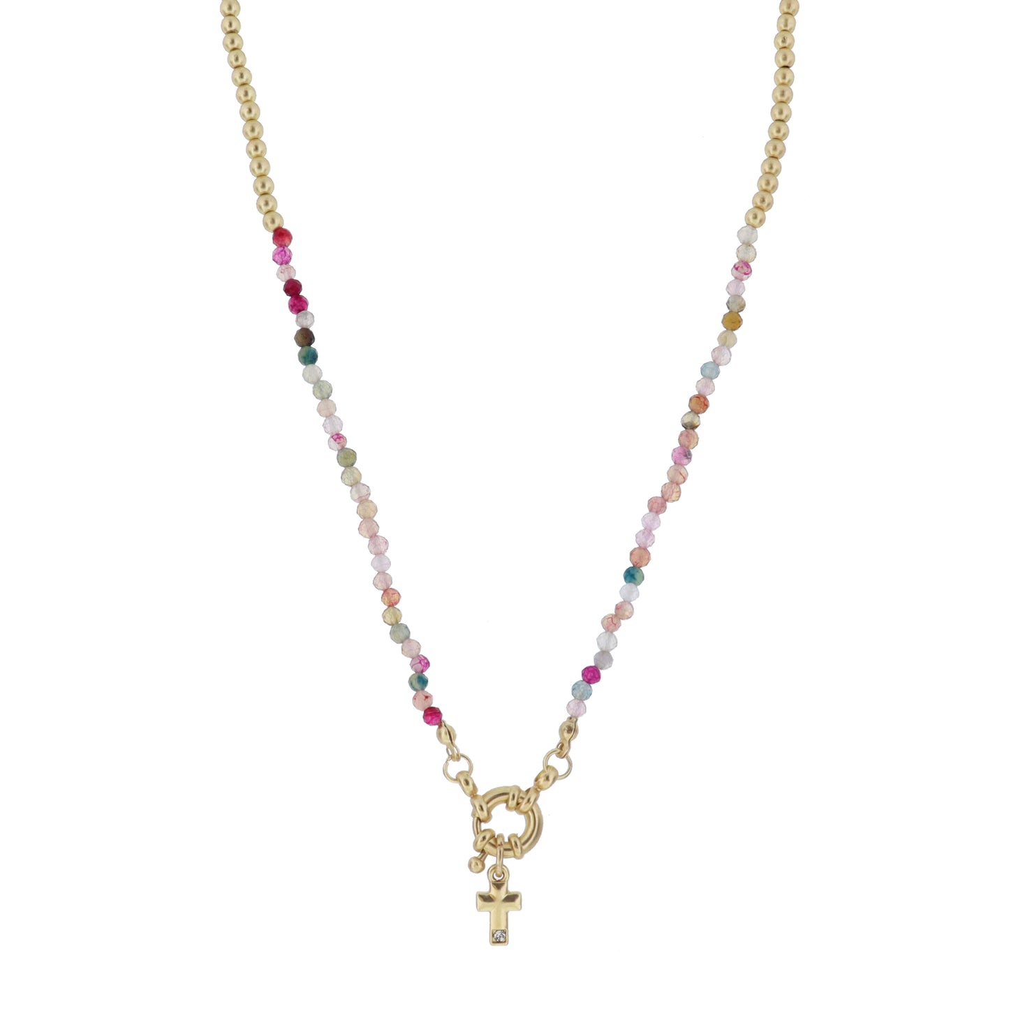 Kids Gold Ball & Stone Faceted Beaded with Gold Spring Ring & Cross with Crystal Accent Necklace