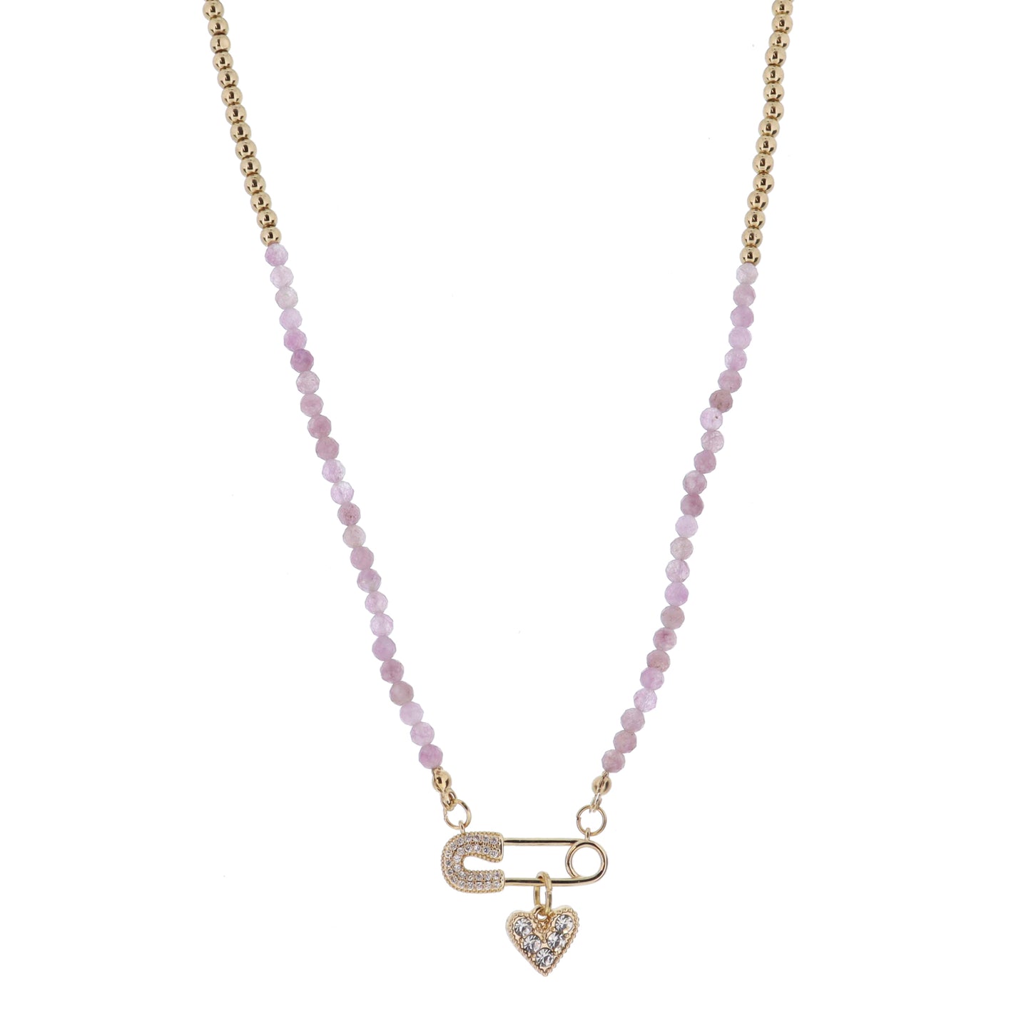 Kids Gold Ball & Mauve Quartz Faceted Beaded with Crystal Pave Safety Pin & Crystal Heart Necklace