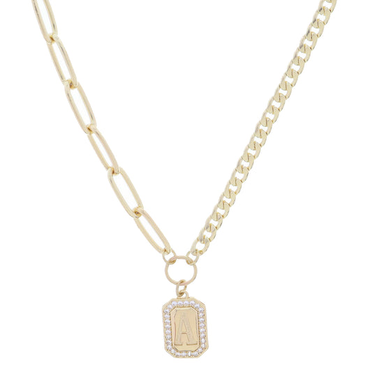 Shiny Gold Half Paperclip, Half Curb Chain with Crystal Edged "A" Initial Emerald Plate Necklace