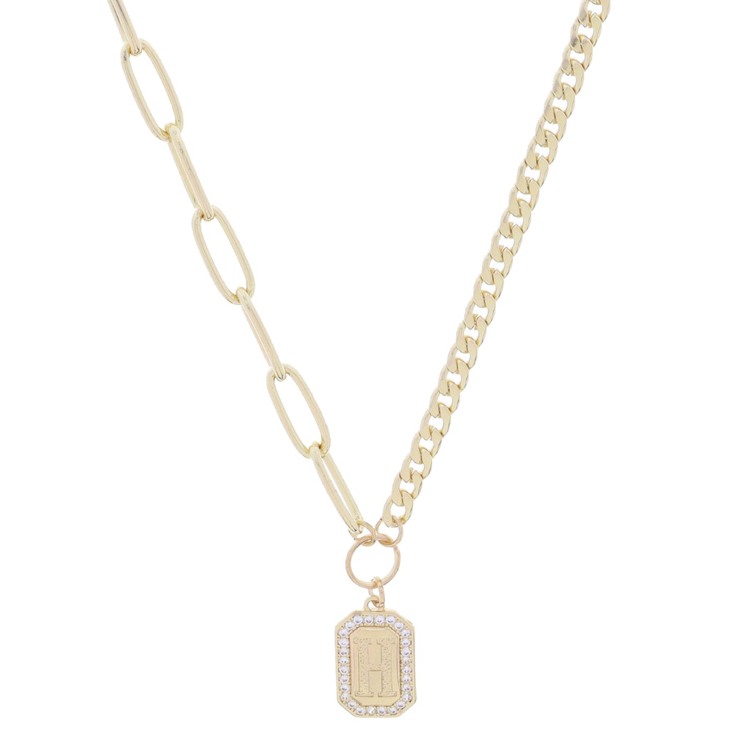 Shiny Gold Half Paperclip, Half Curb Chain with Crystal Edged "H" Initial Emerald Plate Necklace