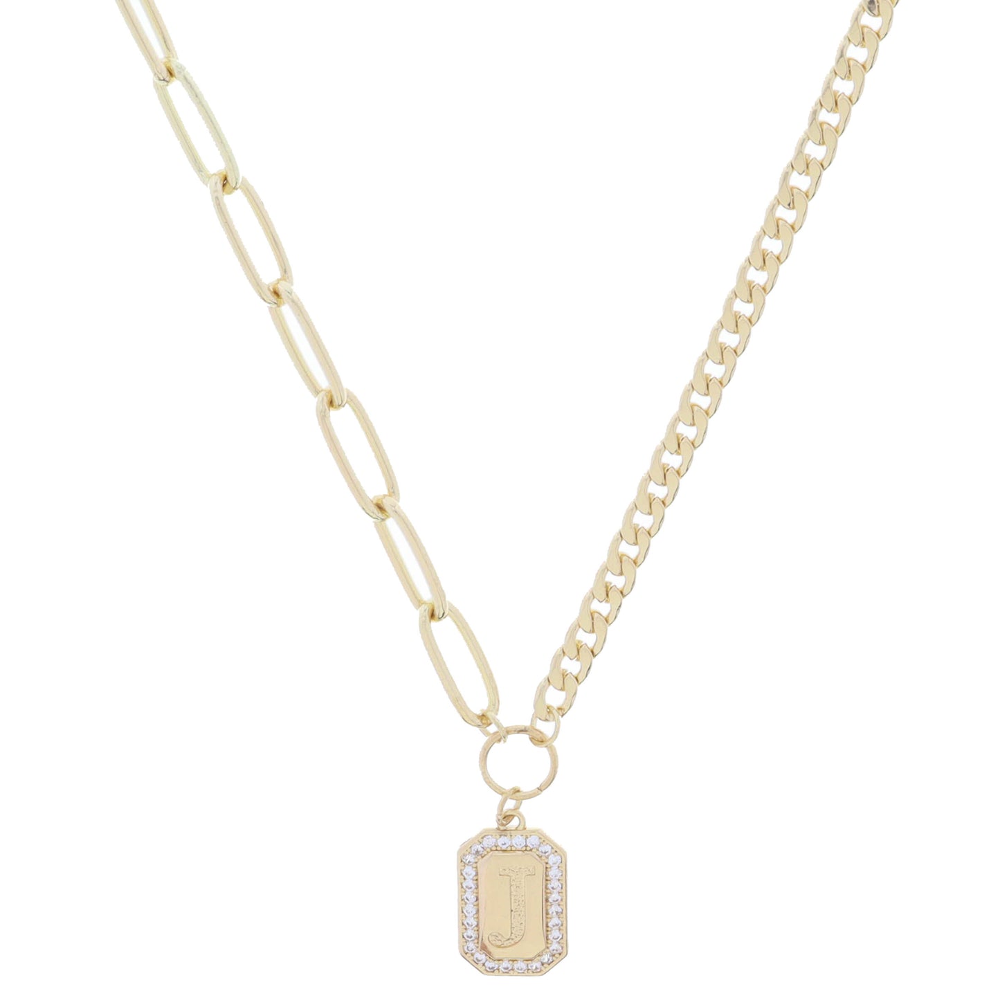 Shiny Gold Half Paperclip, Half Curb Chain with Crystal Edged "J" Initial Emerald Plate Necklace
