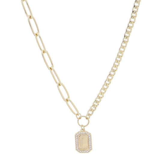 Shiny Gold Half Paperclip, Half Curb Chain with Crystal Edged "L" Initial Emerald Plate Necklace