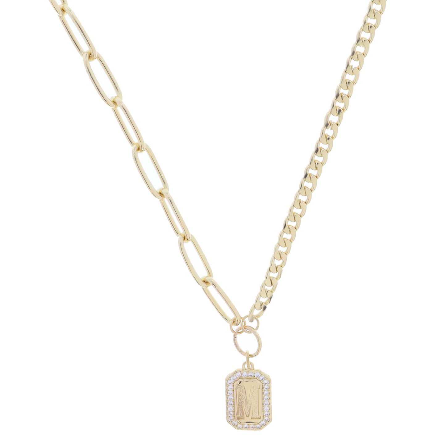Shiny Gold Half Paperclip, Half Curb Chain with Crystal Edged "M" Initial Emerald Plate Necklace