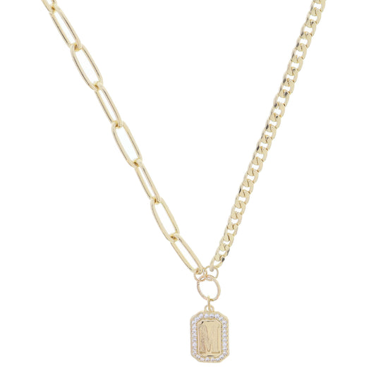 Shiny Gold Half Paperclip, Half Curb Chain with Crystal Edged "M" Initial Emerald Plate Necklace