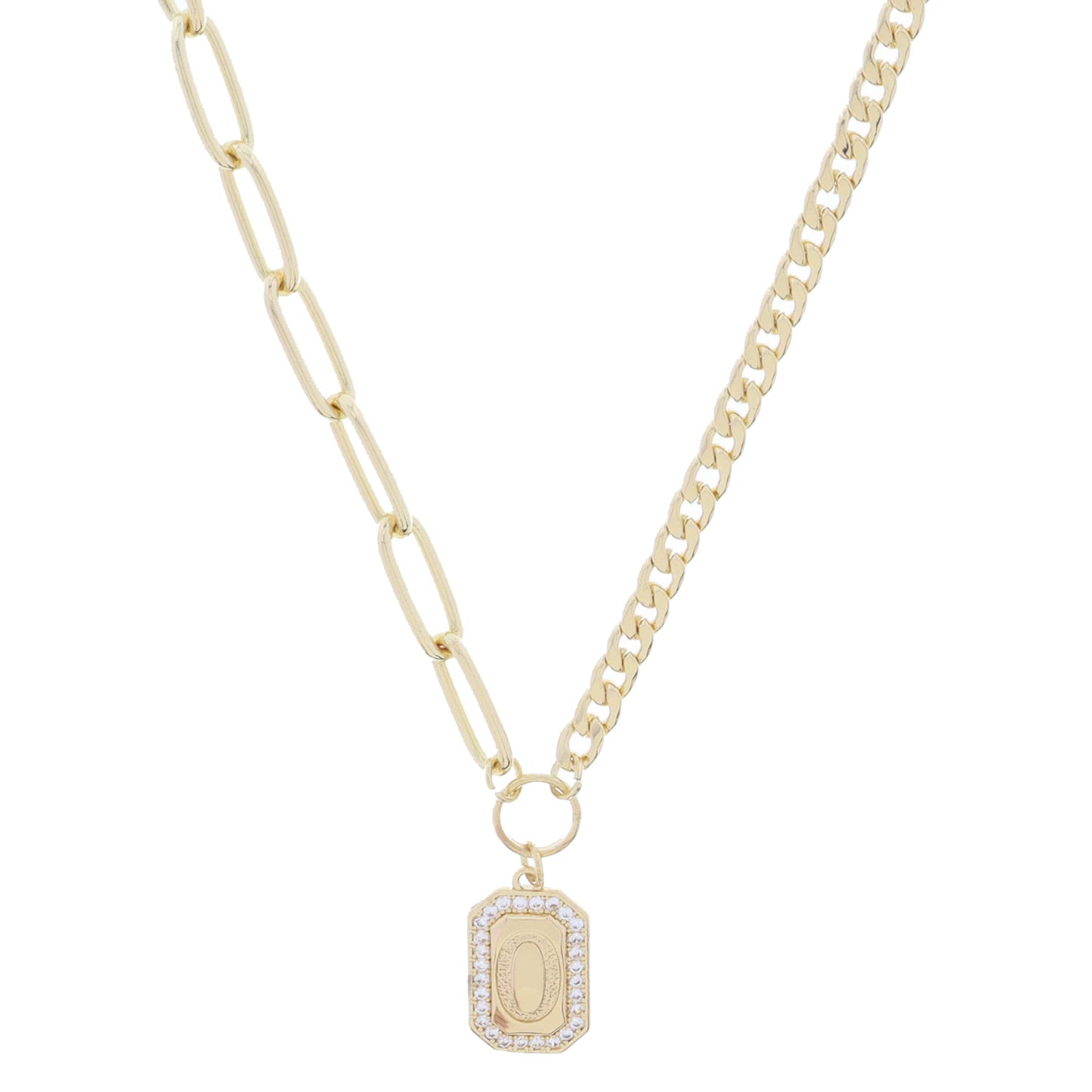 Shiny Gold Half Paperclip, Half Curb Chain with Crystal Edged "O" Initial Emerald Plate Necklace