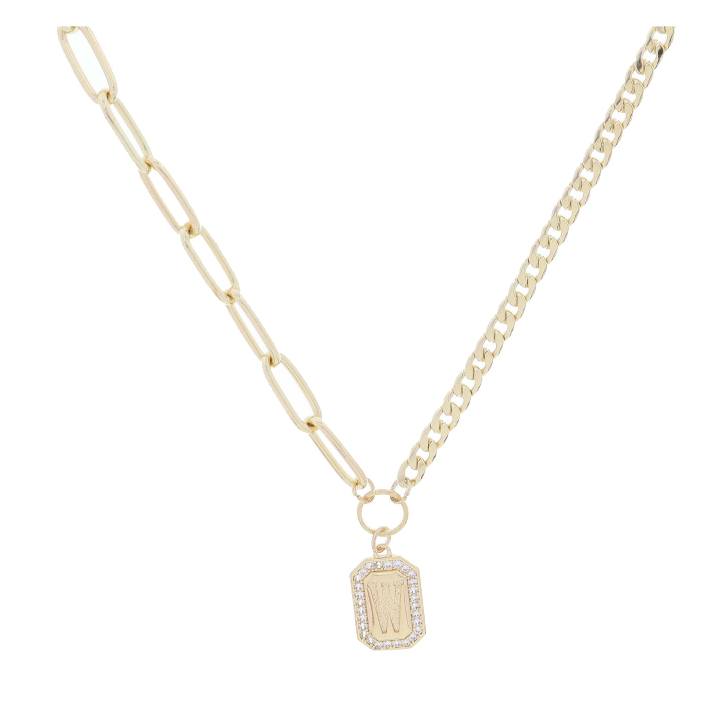 Shiny Gold Half Paperclip, Half Curb Chain with Crystal Edged "W" Initial Emerald Plate Necklace