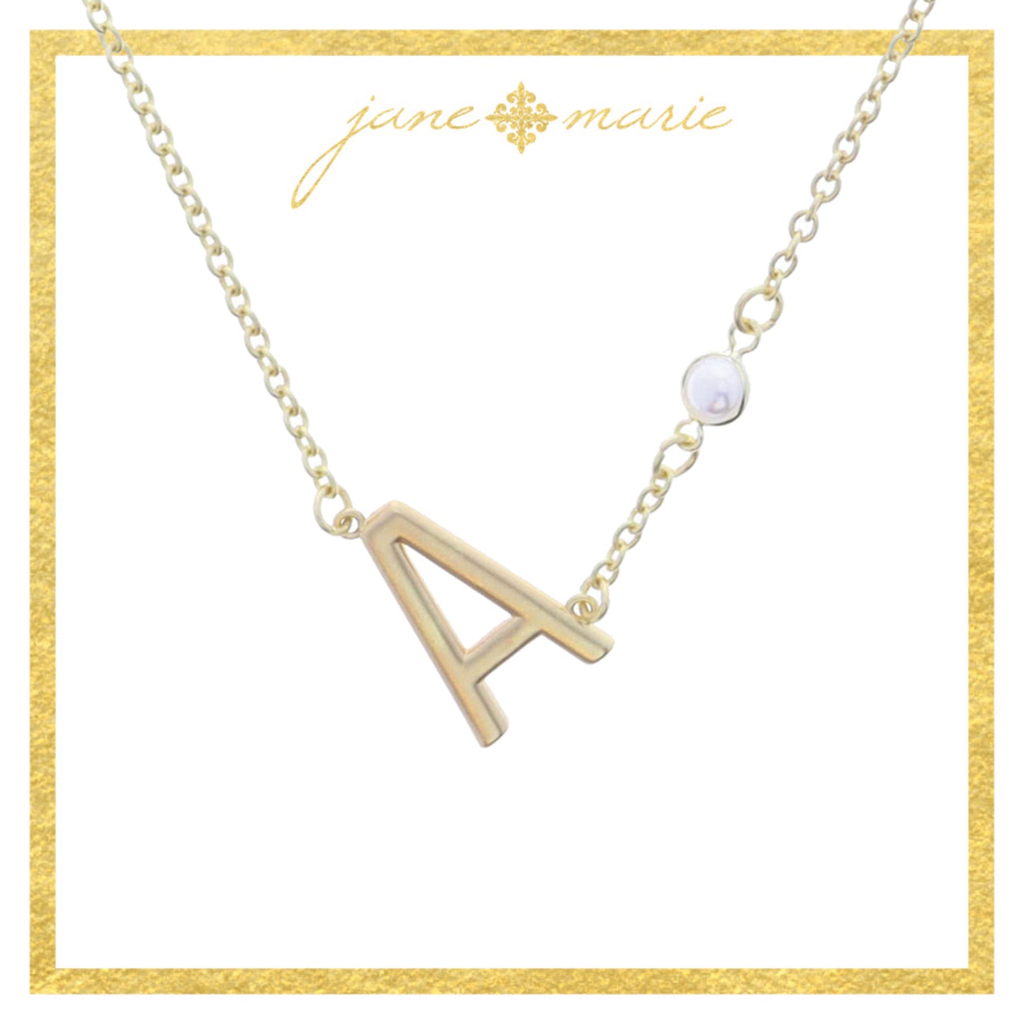 Gold Sideways "A" Initial with Pearl Bezel Station Accent Necklace
