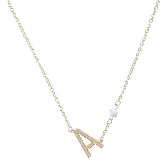 Gold Sideways "A" Initial with Pearl Bezel Station Accent Necklace