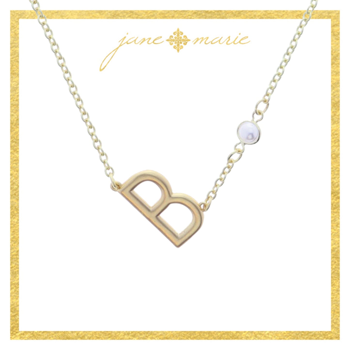 Gold Sideways "B" Initial with Pearl Bezel Station Accent Necklace