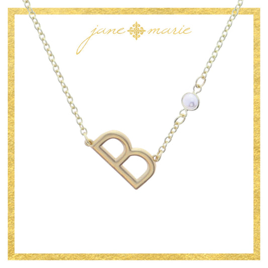 Gold Sideways "B" Initial with Pearl Bezel Station Accent Necklace