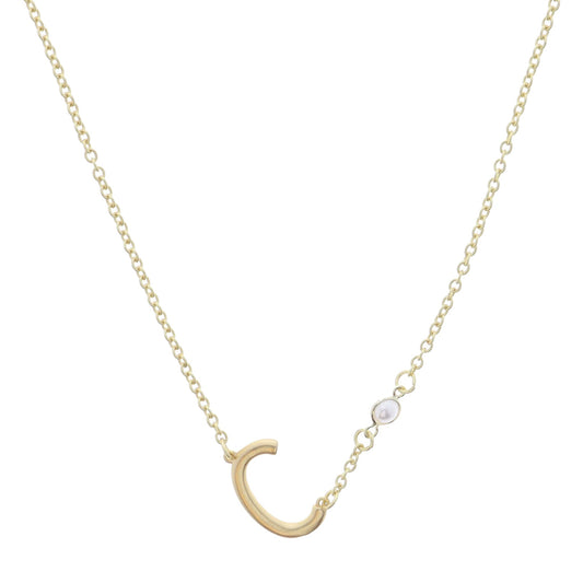 Gold Sideways "C" Initial with Pearl Bezel Station Accent Necklace