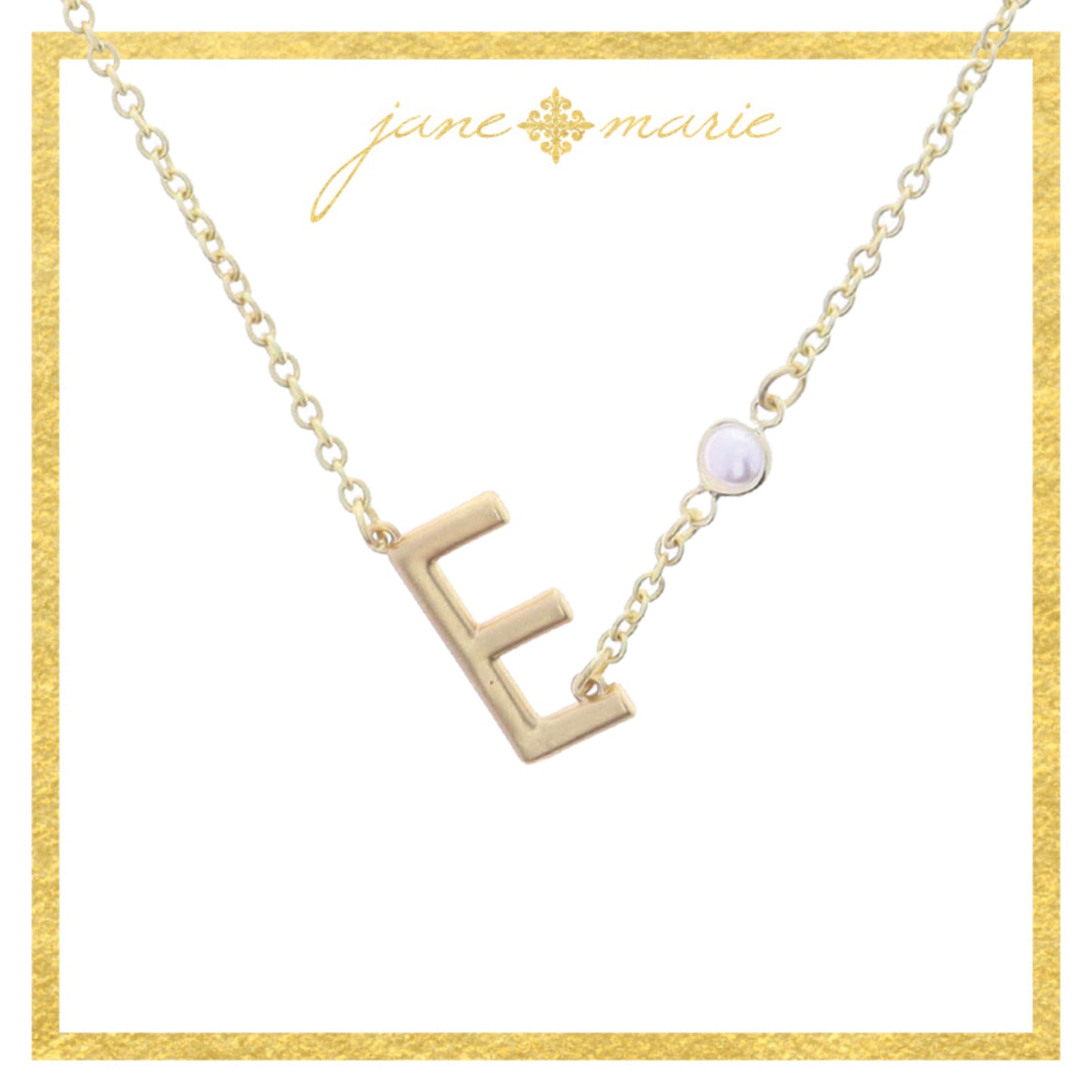 Gold Sideways "E" Initial with Pearl Bezel Station Accent Necklace