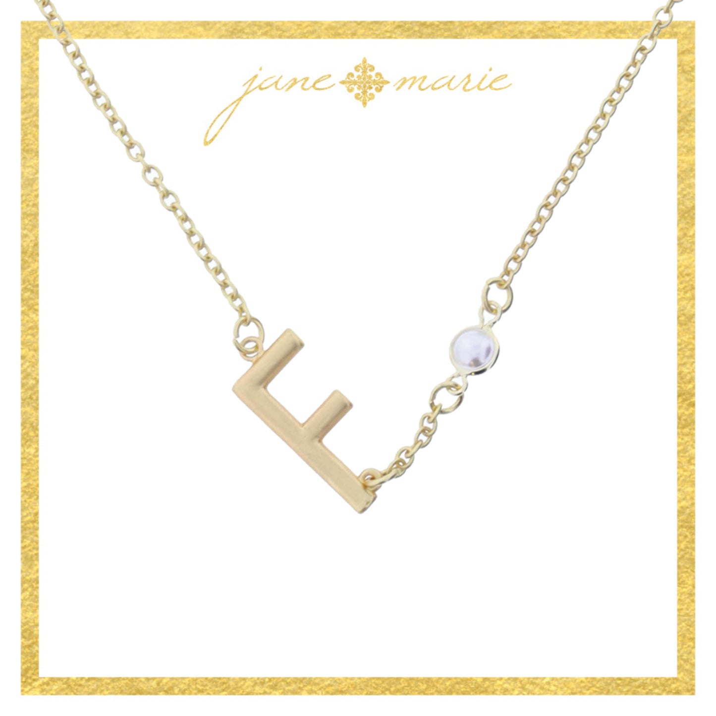 Gold Sideways "F" Initial with Pearl Bezel Station Accent Necklace