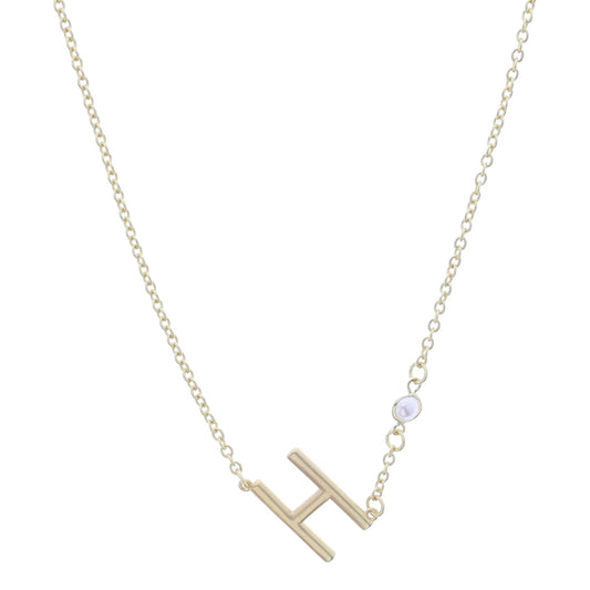 Gold Sideways "H" Initial with Pearl Bezel Station Accent Necklace
