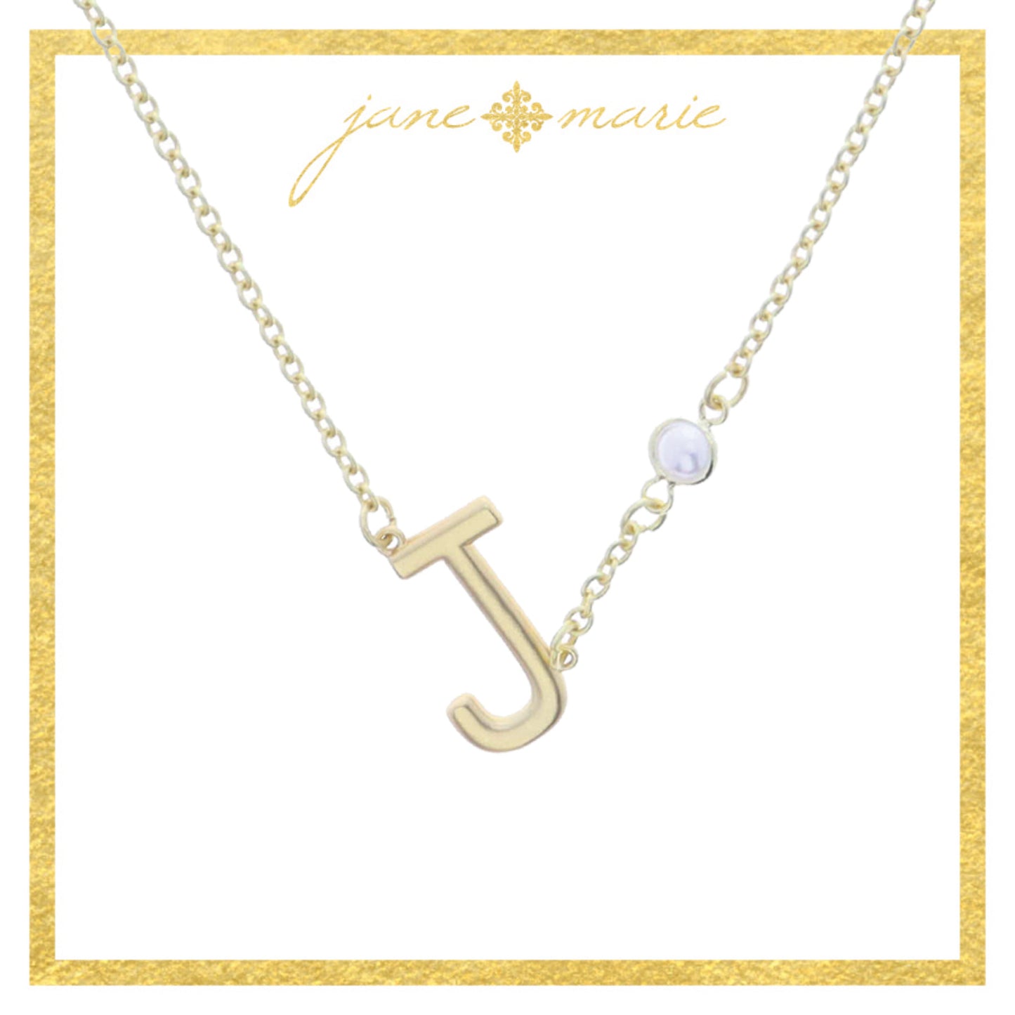 Gold Sideways "J" Initial with Pearl Bezel Station Accent Necklace