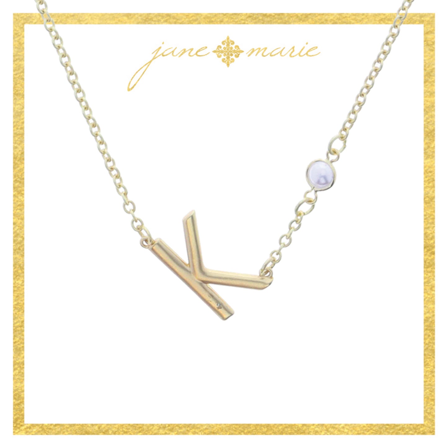 Gold Sideways "K" Initial with Pearl Bezel Station Accent Necklace