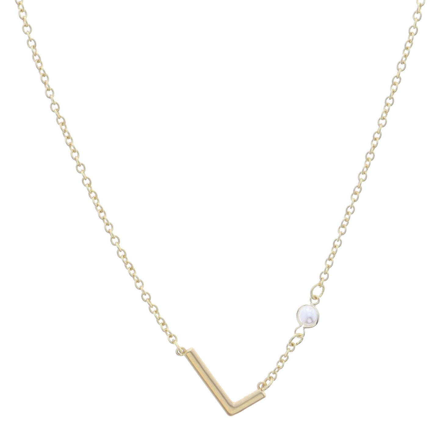 Gold Sideways "L" Initial with Pearl Bezel Station Accent Necklace