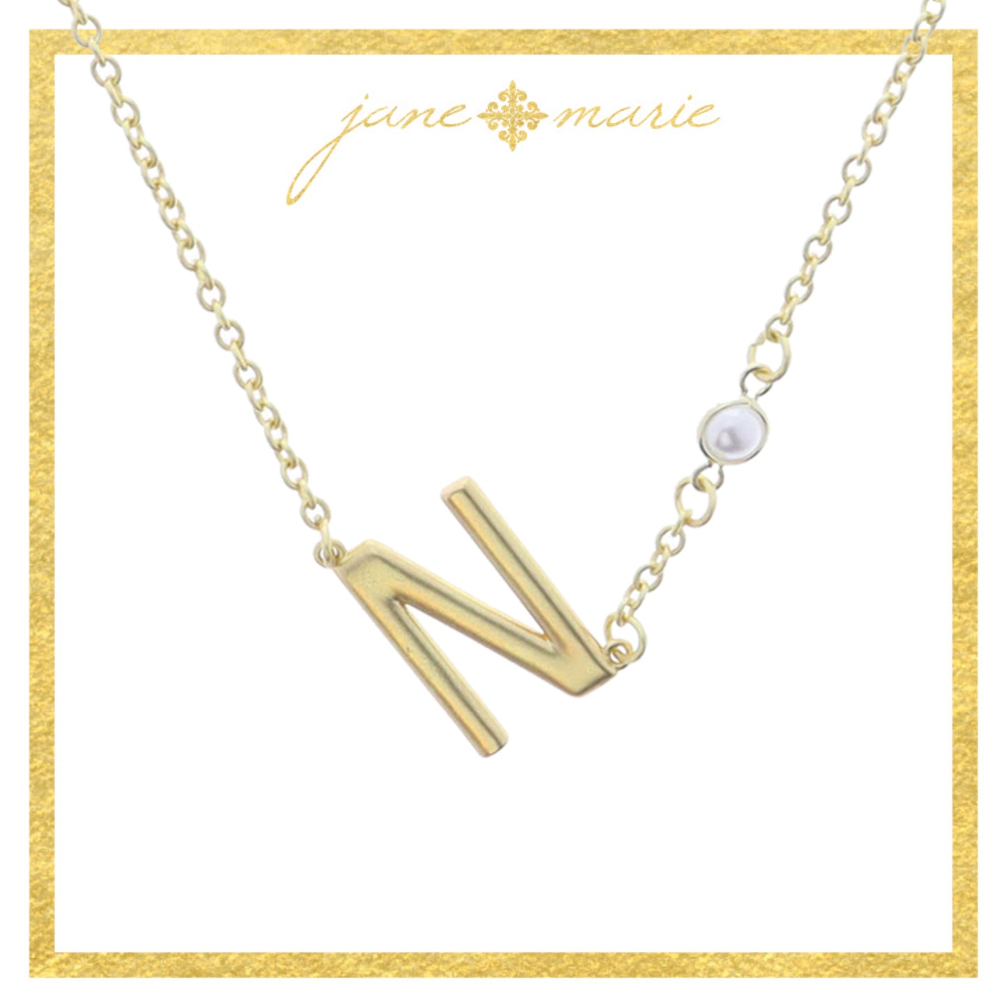 Gold Sideways "N" Initial with Pearl Bezel Station Accent Necklace