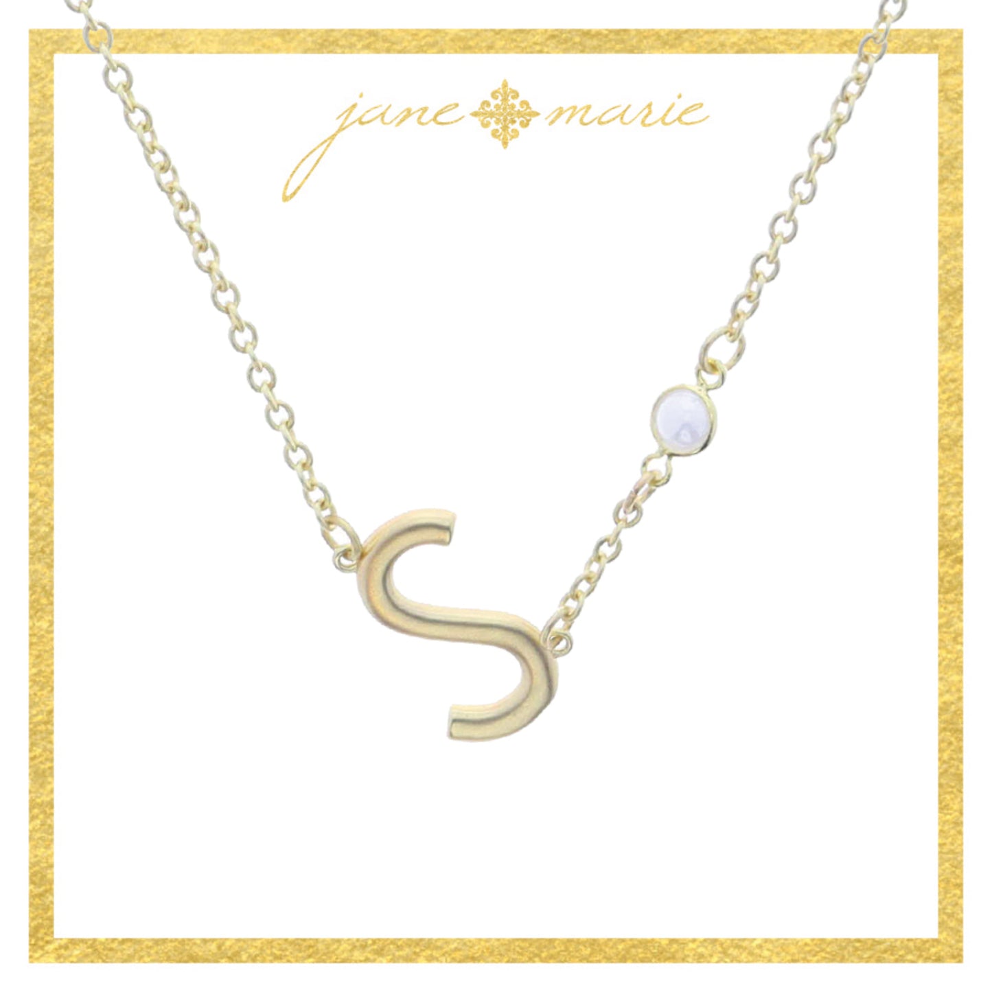 Gold Sideways "S" Initial with Pearl Bezel Station Accent Necklace
