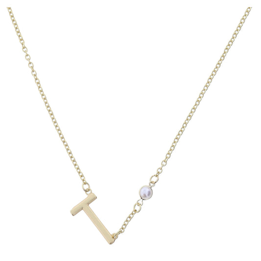 Gold Sideways "T" Initial with Pearl Bezel Station Accent Necklace