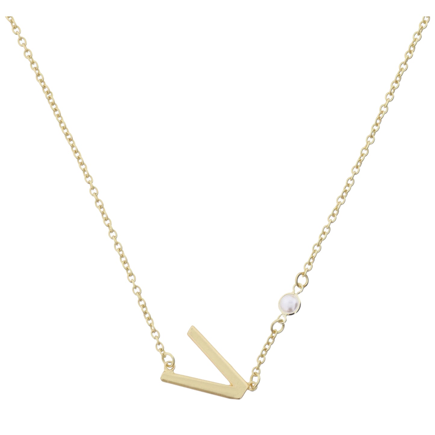Gold Sideways "V" Initial with Pearl Bezel Station Accent Necklace