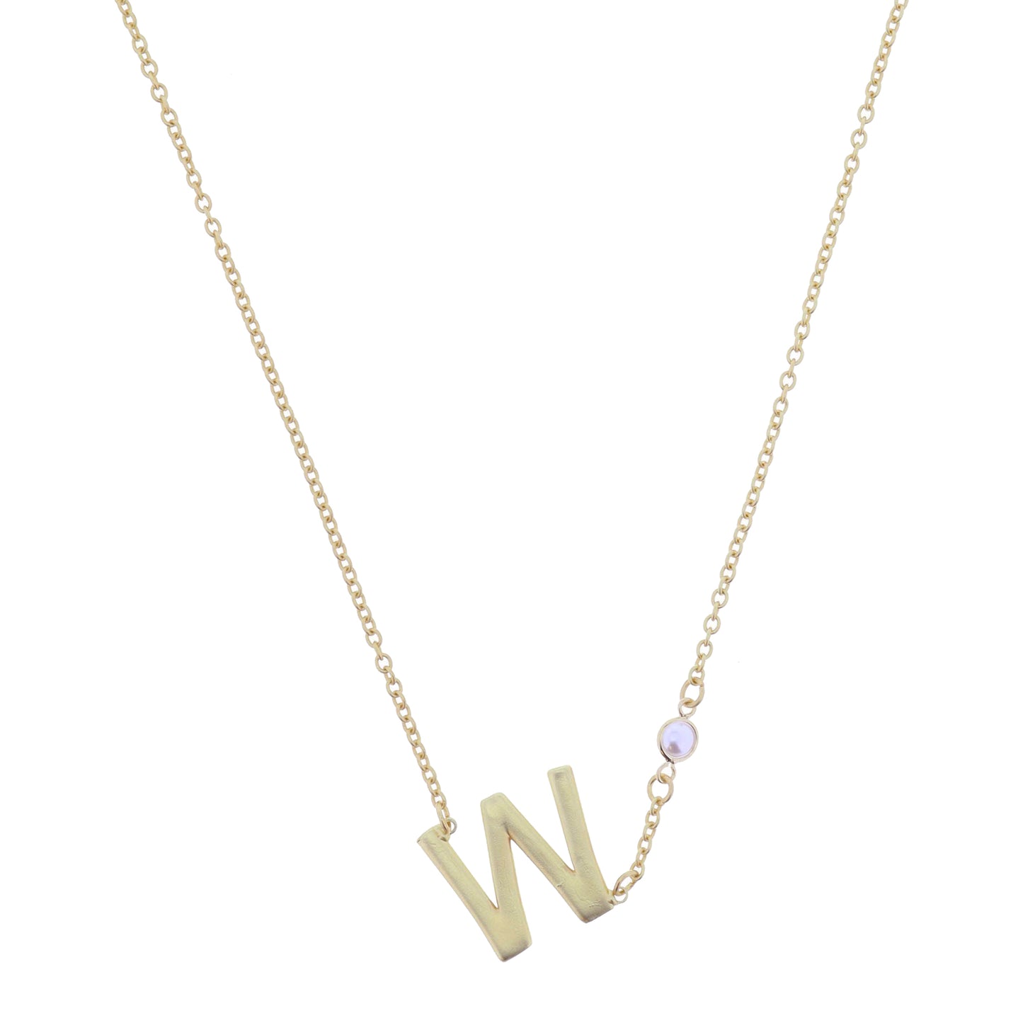 Gold Sideways "W" Initial with Pearl Bezel Station Accent Necklace