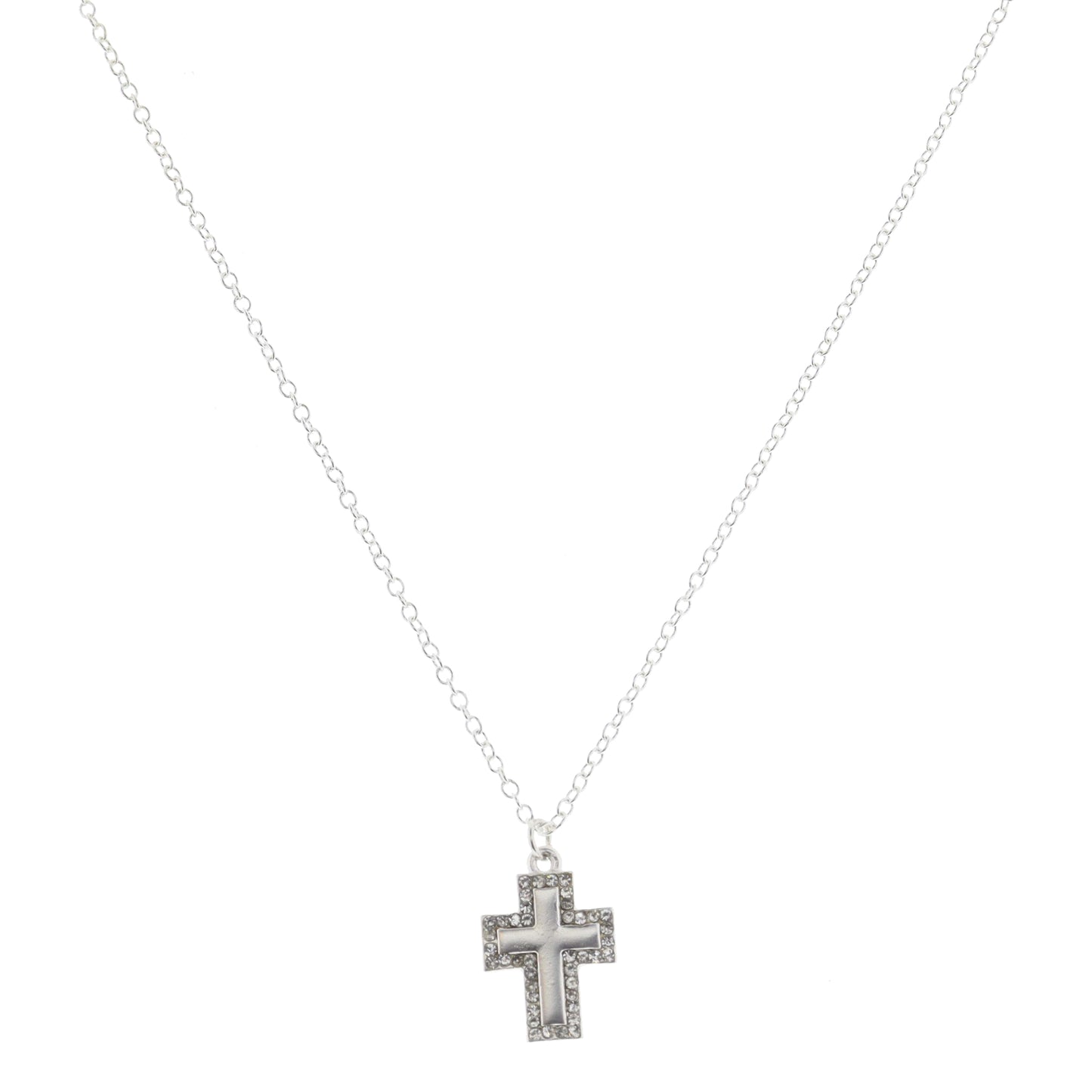 Silver Cross with Clear Crystal Outline Necklace