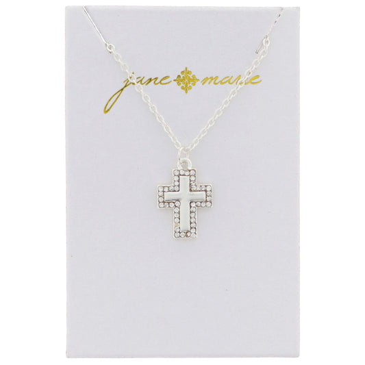 Silver Cross with Clear Crystal Outline Necklace