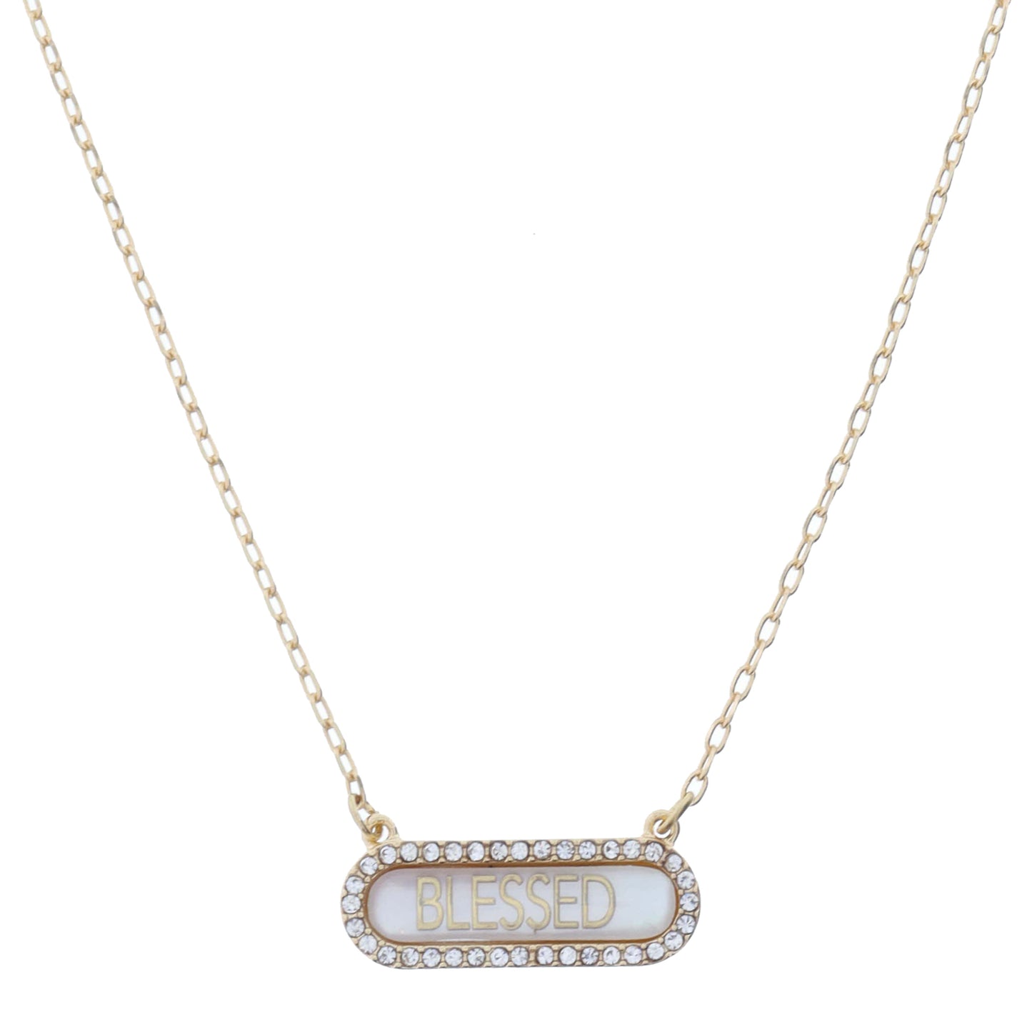 Horizontal "BLESSED" in Shell Inlay Oval with Crystal Edge Necklace