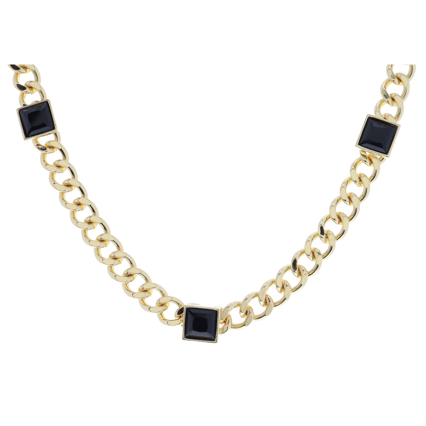 Shiny Gold Curb Chain with Square Jet Crystal Bezel Stations Necklace