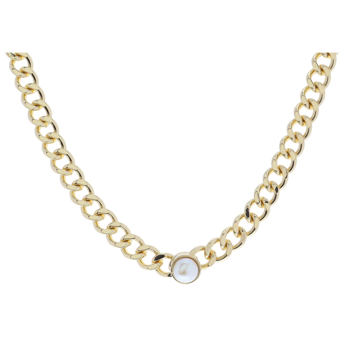 Shiny Gold Curb Chain with Pearl Bezel Necklace