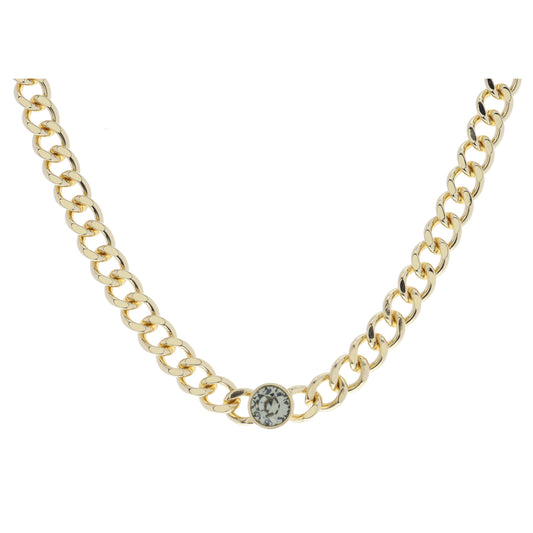 Shiny Gold Curb Chain with Circle Black Diamond Crystal Bezel Necklace
