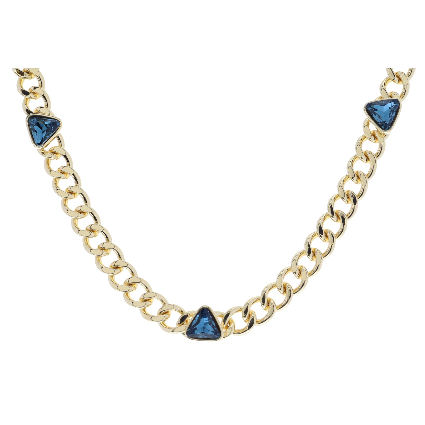 Shiny Gold Curb Chain with Triangular Teal Crystal Bezel Stations Necklace