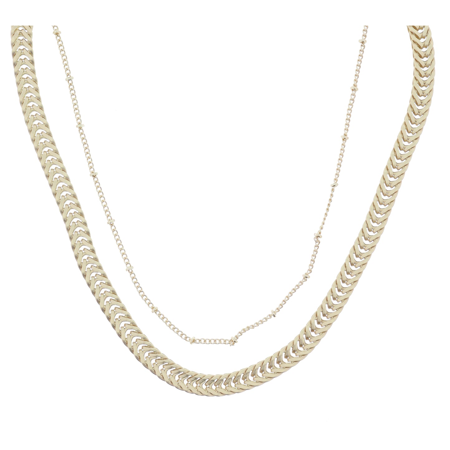 2 Strand, Shiny Gold Satellite Chain, Matte Gold Chunky Flat Wheat Chain Necklace