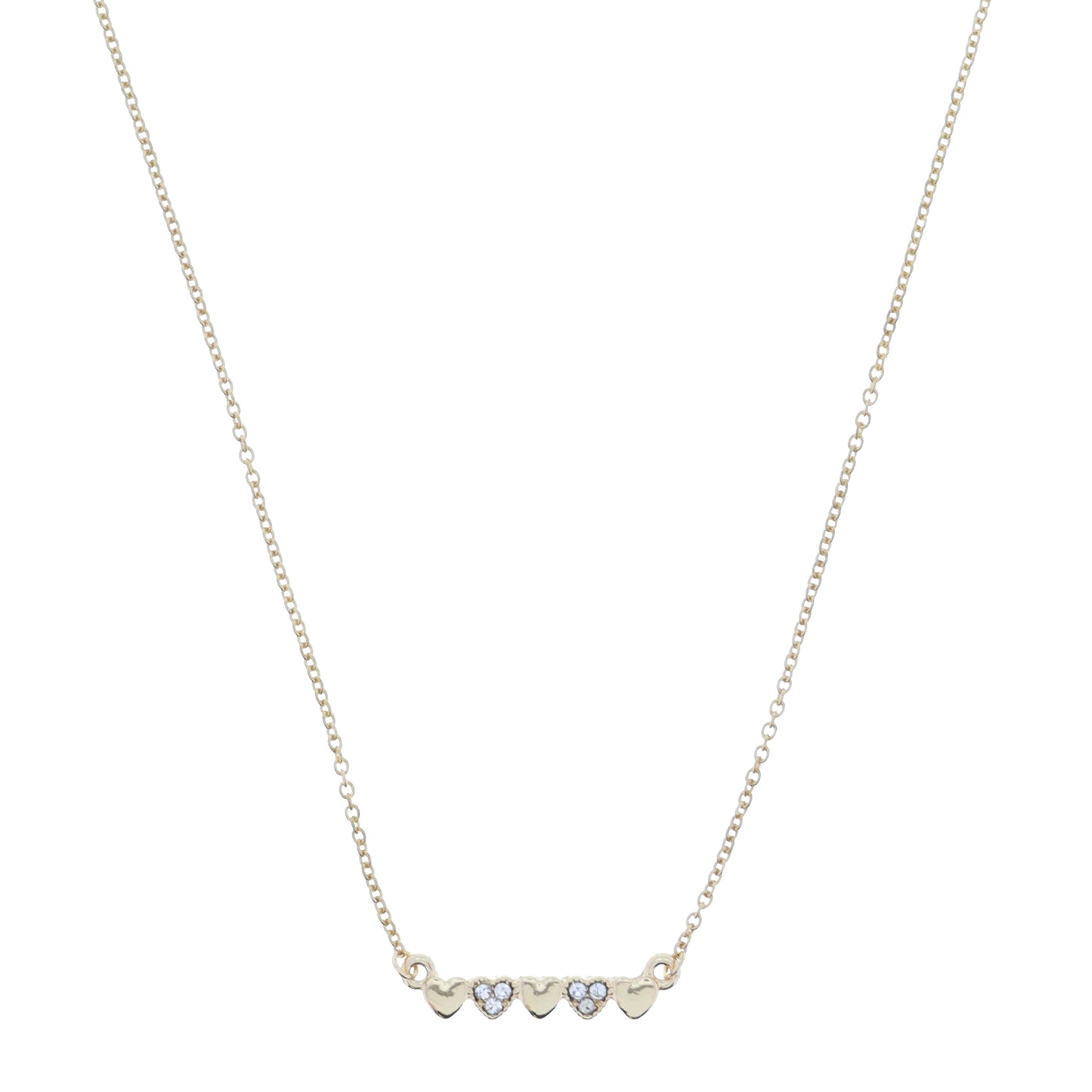 16" Mini Gold Hearts and Crystal Hearts Bar Necklace, 3" Ext
