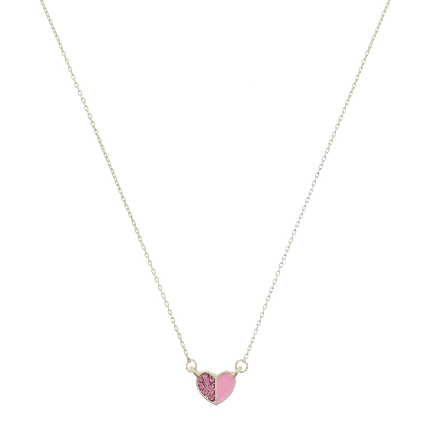 Kids 14" Half Pink Crystal Pave and Half Pink Enamel Heart Necklace, 3" Ext