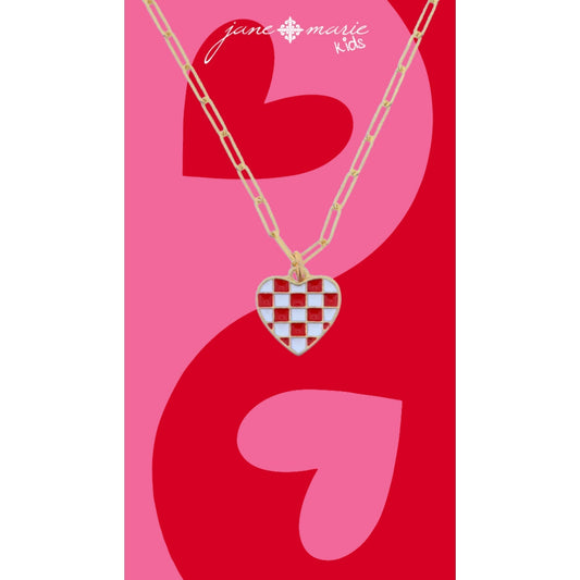 Kids 14" Red and White Checkered Enamel Heart Necklace, 3" Ext