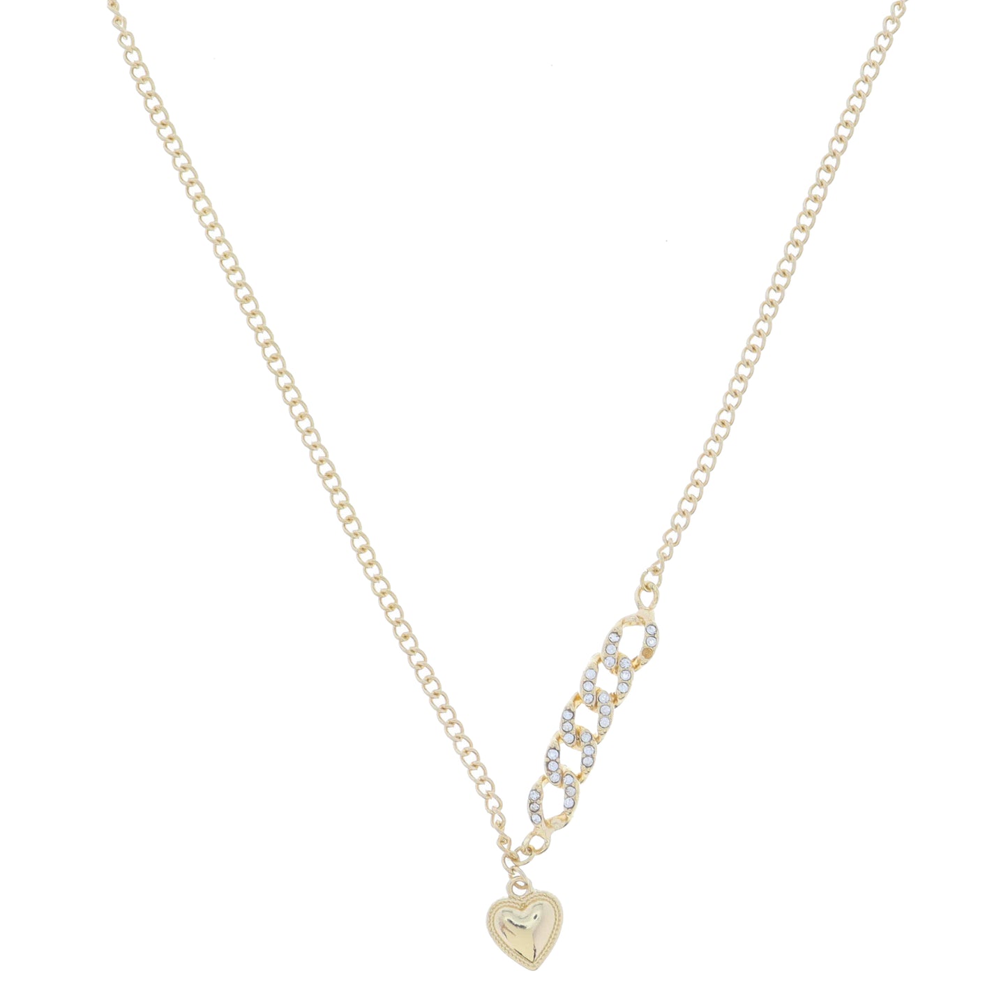 Split Crystal Embellished Curb Chain Portion with Gold Heart Dangle Necklace, 3" Ext
