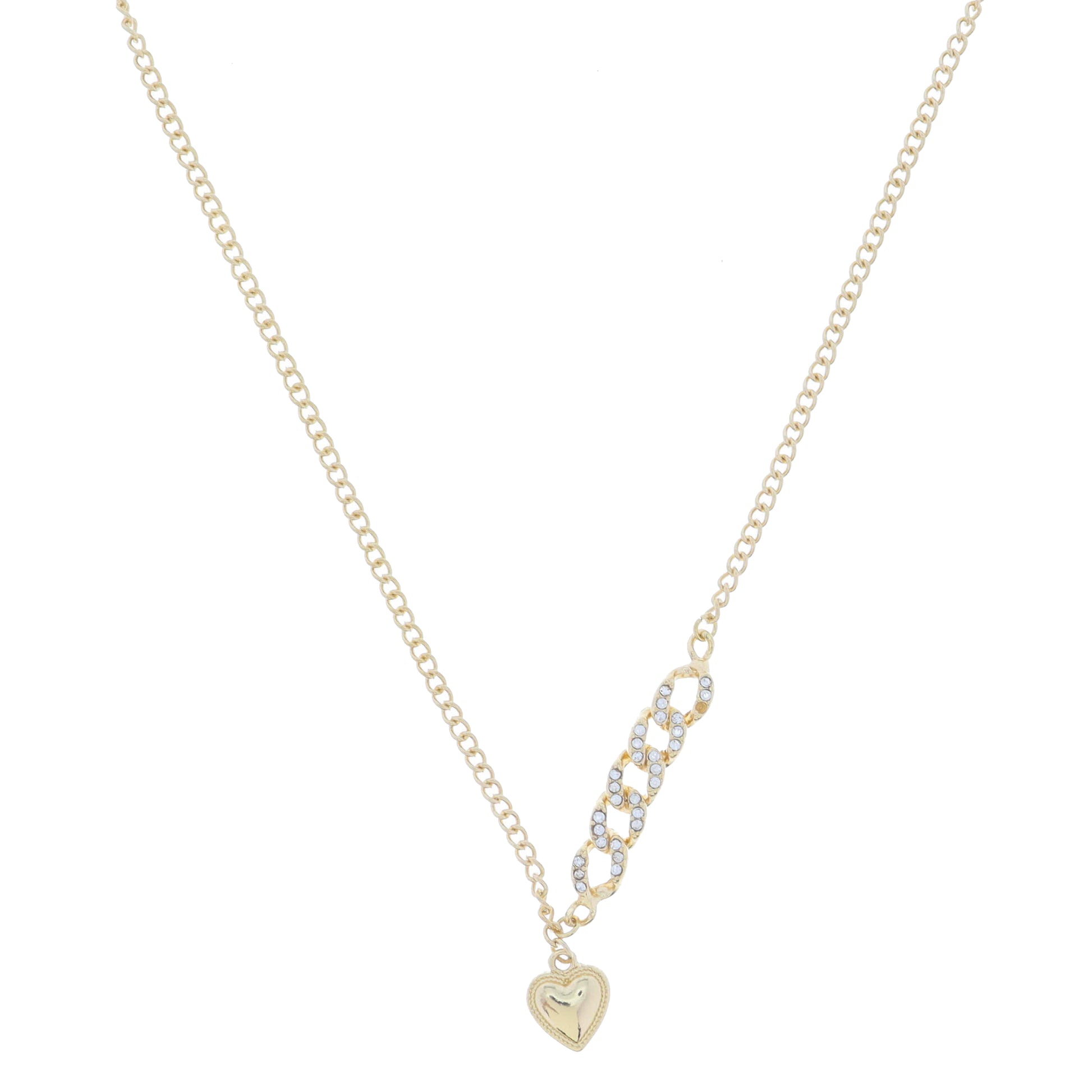 Split Crystal Embellished Curb Chain Portion with Gold Heart Dangle Necklace, 3" Ext