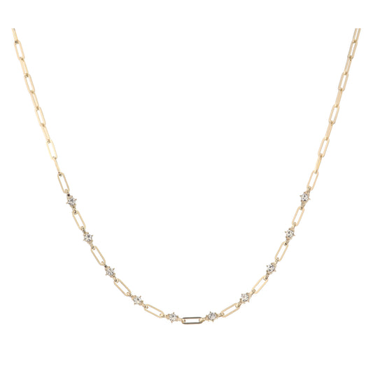 Gold Paperclip Chain with Crystal Stations Necklace, 3" Ext